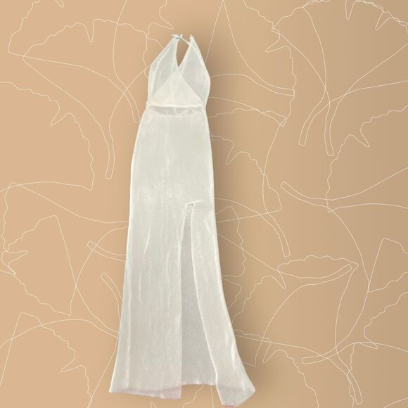 White High Slit Cover Up Mesh Textured Maxi Sun Beach Dress Backless Small - Picture 5 of 14